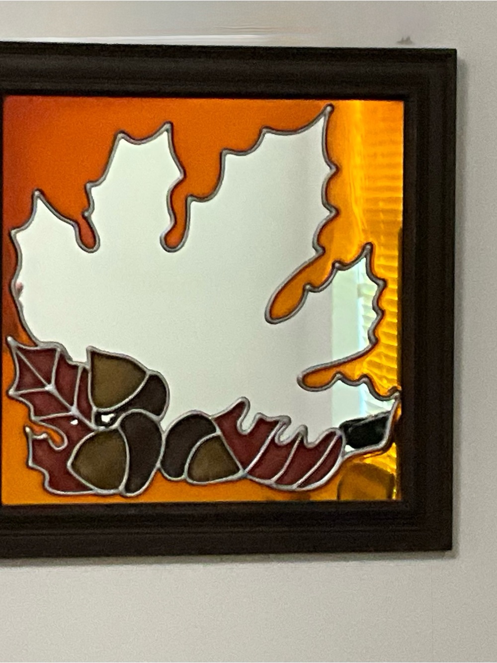 1976 Leaf Mirror Art • Stained Glass Style Wall Decor, Retro Orange Accent
